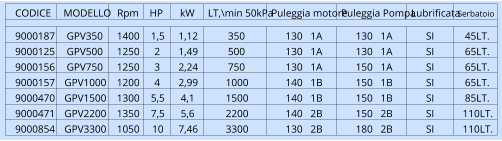 CODICE  MODELLO HP  Puleggia motore Puleggia Pompa Lubrificata Serbatoio 9000187 GPV350 1400 1,5 1,12 350 130   1A 130   1A SI 45LT. 9000125 GPV500 1250 2 1,49 500 130   1A 130   1A SI 65LT. 9000156 GPV750 1250 3 2,24 750 130   1A 150   1A SI 65LT. 9000157 GPV1000 1200 4 2,99 1000 140   1B 150   1B SI 65LT. 9000470 GPV1500 1300 5,5 4,1 1500 140   1B 150   1B SI 85LT. 9000471 GPV2200 1350 7,5 5,6 2200 140   2B 150   2B SI 110LT. 9000854 GPV3300 1050 10 7,46 3300 130   2B 180   2B SI 110LT. Rpm kW LT,\min 50kPa