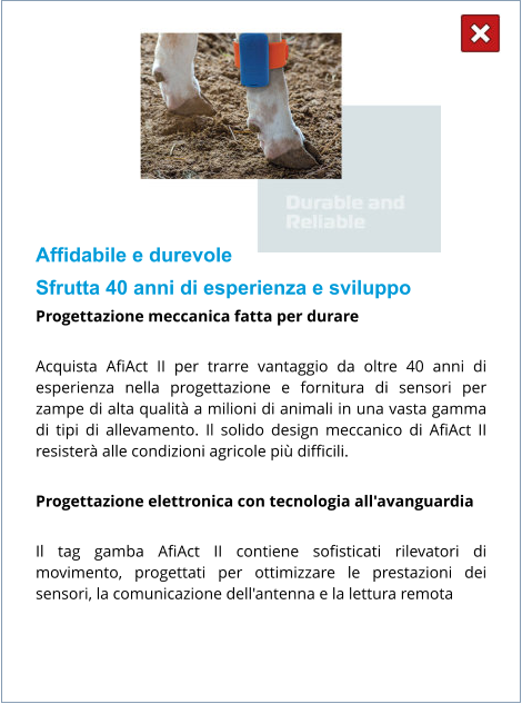 Affidabile e durevole Sfrutta 40 anni di esperienza e sviluppo Progettazione meccanica fatta per durare  Acquista AfiAct II per trarre vantaggio da oltre 40 anni di esperienza nella progettazione e fornitura di sensori per zampe di alta qualità a milioni di animali in una vasta gamma di tipi di allevamento. Il solido design meccanico di AfiAct II resisterà alle condizioni agricole più difficili.  Progettazione elettronica con tecnologia all'avanguardia  Il tag gamba AfiAct II contiene sofisticati rilevatori di movimento, progettati per ottimizzare le prestazioni dei sensori, la comunicazione dell'antenna e la lettura remota