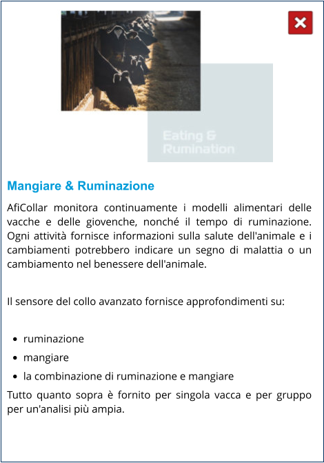 Mangiare & Ruminazione AfiCollar monitora continuamente i modelli alimentari delle vacche e delle giovenche, nonché il tempo di ruminazione. Ogni attività fornisce informazioni sulla salute dell'animale e i cambiamenti potrebbero indicare un segno di malattia o un cambiamento nel benessere dell'animale.  Il sensore del collo avanzato fornisce approfondimenti su:  •	ruminazione •	mangiare •	la combinazione di ruminazione e mangiare Tutto quanto sopra è fornito per singola vacca e per gruppo per un'analisi più ampia.