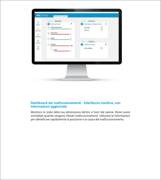 Dashboard dei malfunzionamenti - Interfaccia intuitiva, con informazioni aggiornate Monitora lo stato della tua attrezzatura dentro e fuori dal salone. Ricevi avvisi immediati quando vengono rilevati malfunzionamenti. Utilizzare le informazioni per identificare rapidamente la posizione e la causa del malfunzionamento.